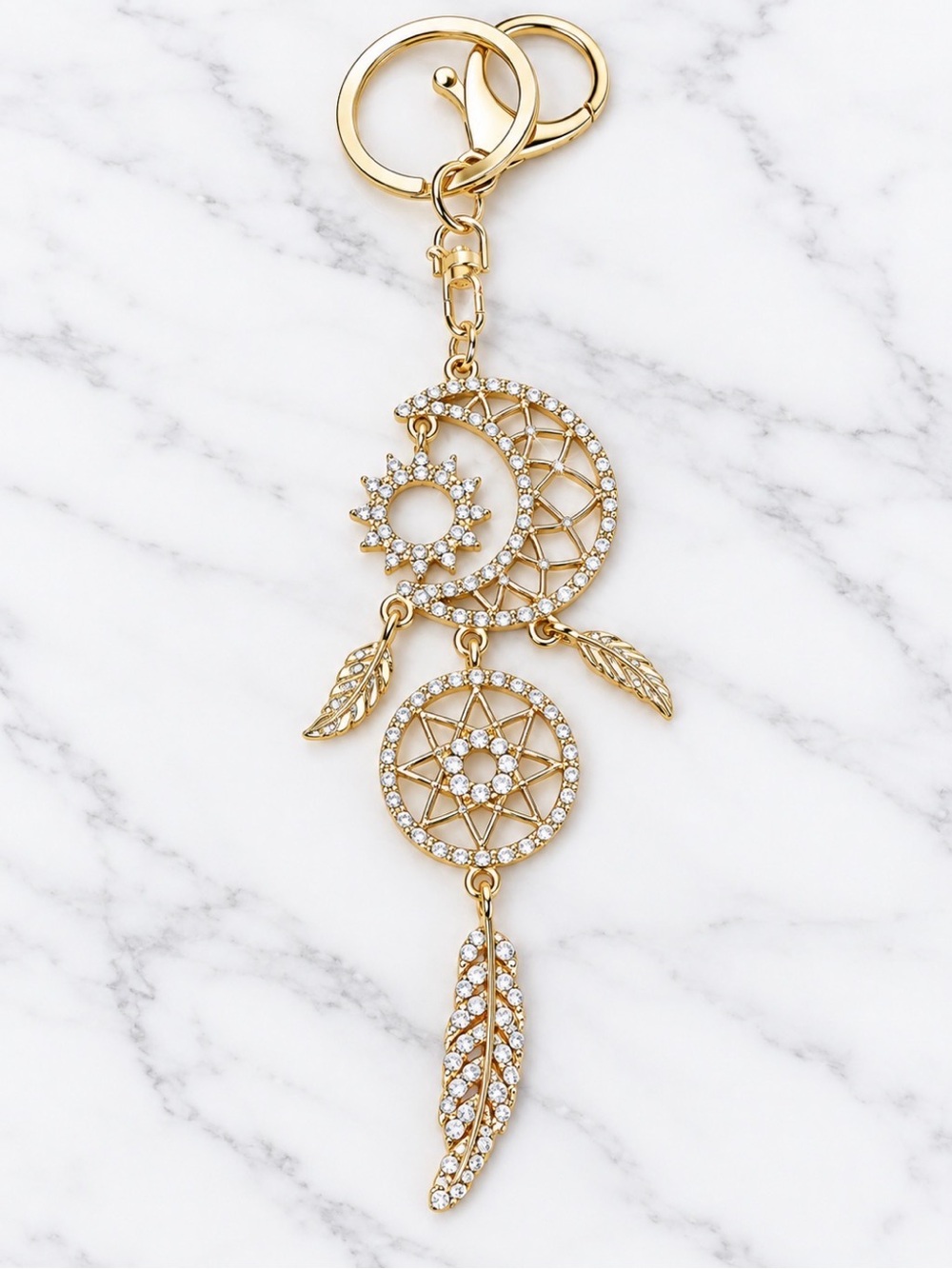 White Dreamcatcher Bag Charm/Keyring With Feather & Moon Accents-Gold Hardware